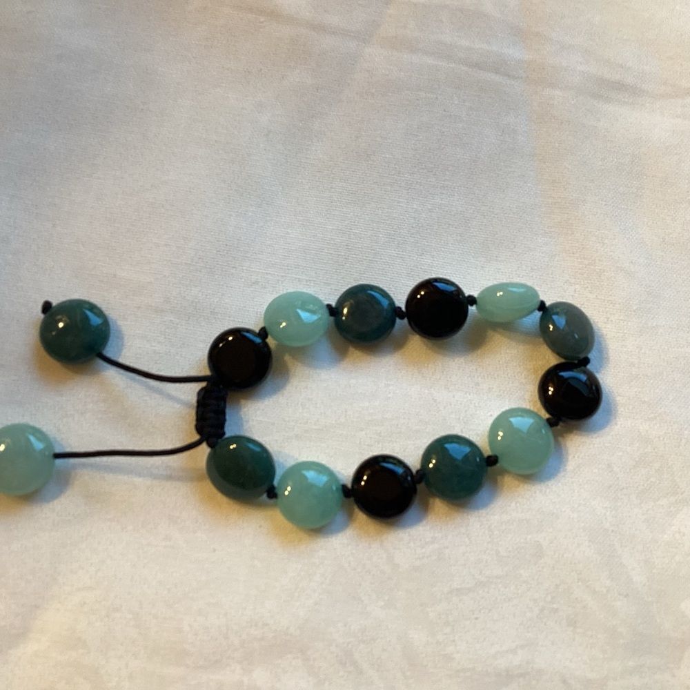 Elegant Black, Dark Green & Mint Green Beaded Bracelet Adjustable